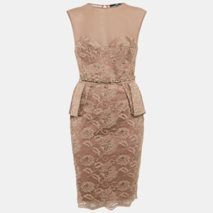 Elisabetta Franchi Caramel Brown Satin Lace Overlay Belted Short Dress M