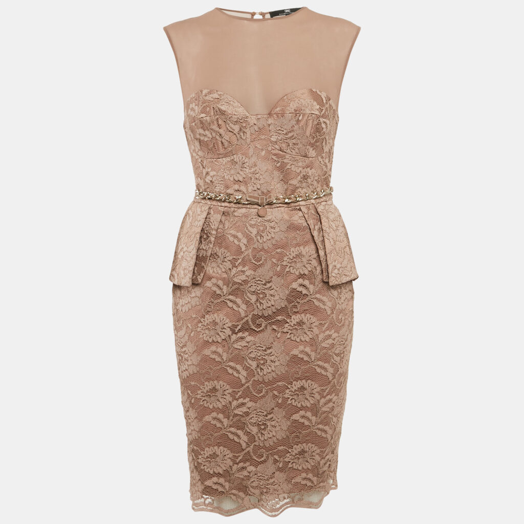 Elisabetta Franchi Caramel Brown Satin Lace Overlay Belted Short Dress M