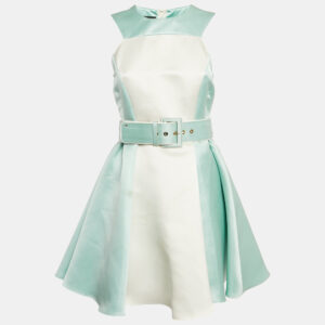 Elisabetta Franchi Blue/White Satin Flared Mini Dress M