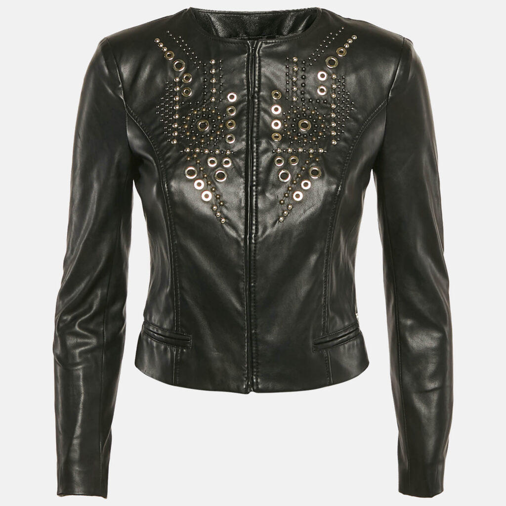 luxury-women-elisabetta-franchi-used-clothes-p1121388-005.jpg Elisabetta Franchi Black Studded Faux Leather Biker Jacket S