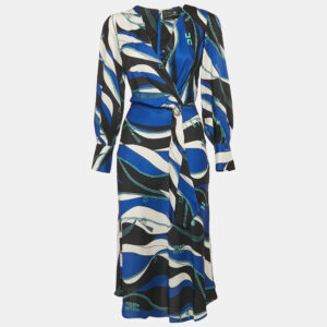 Elisabetta Franchi Blue/Multicolor Printed Satin V-Neck Midi Dress S