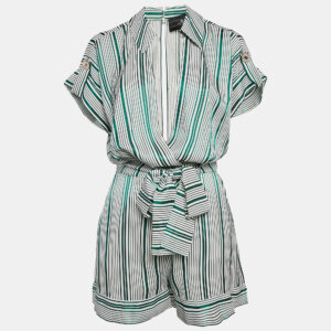 Elisabetta Franchi Green Stripe Crepe Belted Playsuit S