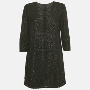 Elisabetta Franchi Black Beaded Chiffon Lace-Up Mini Dress L