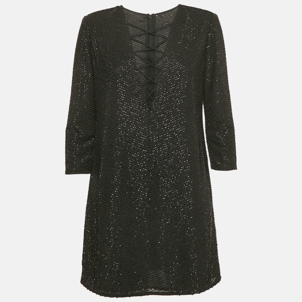 luxury-women-elisabetta-franchi-used-clothes-p1126552-001 Elisabetta Franchi Black Beaded Chiffon Lace-Up Mini Dress L