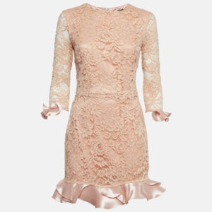 Elisabetta Franchi Pink Lace and Satin Ruffled Mini Dress M