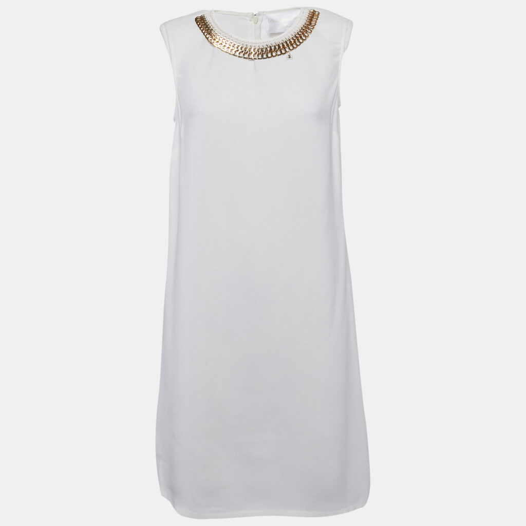 luxury-women-elisabetta-franchi-used-clothes-p1131958-003 Elisabetta Franchi Off-White Crepe Neck Embellished Sleeveless Mini Dress M