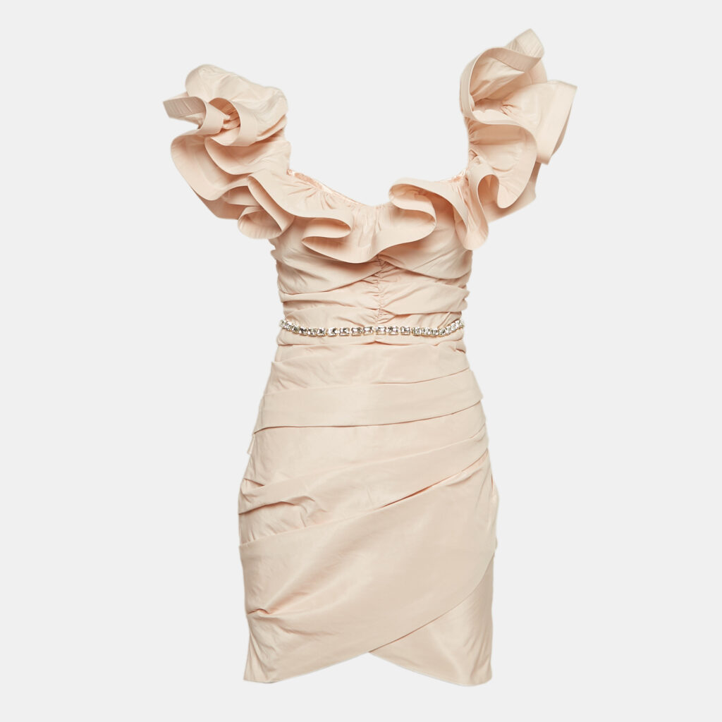 luxury-women-elisabetta-franchi-used-clothes-p1146571-002 Elisabetta Franchi Pink Ottoman Taffeta Ruffled Off-Shoulder Mini Dress M
