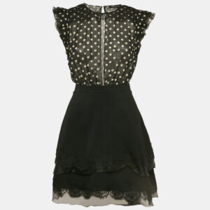 Elisabetta Franchi Black Polka Dot Crepe Detachable Skirt Lace Trimmed Mini Dress S