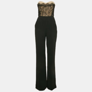 elisabetta franchi black crepe lace overlay detail strapless jumpsuit m