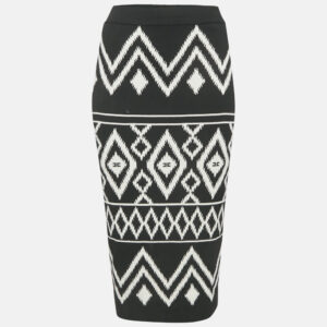 Elisabetta Franchi Black Tribal Intarsia Stretch Knit Midi Skirt L