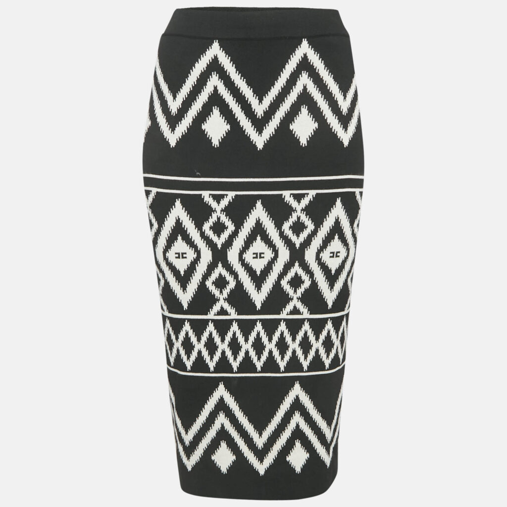luxury-women-elisabetta-franchi-used-clothes-p1151933-001 Elisabetta Franchi Black Tribal Intarsia Stretch Knit Midi Skirt L