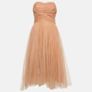 Elisabetta Franchi Beige/Pink Tulle Strapless Midi Dress S