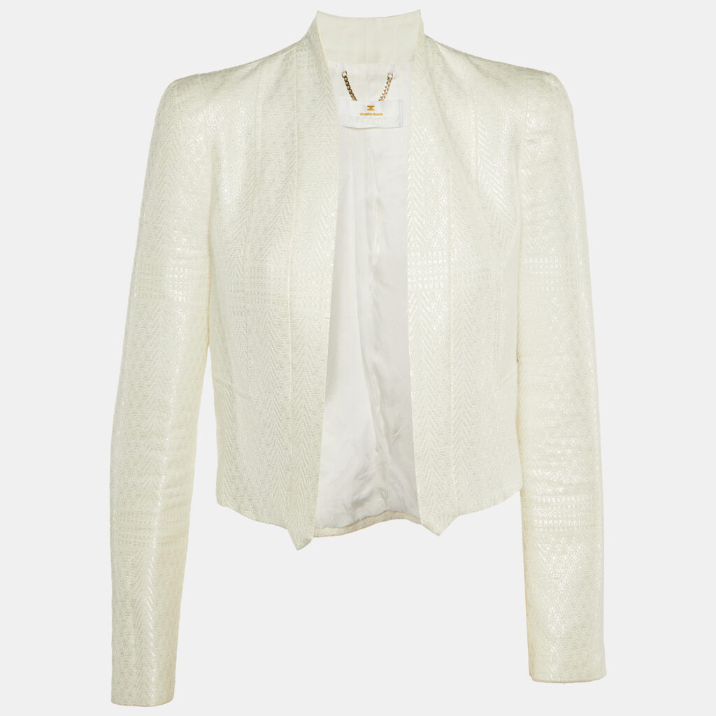 luxury-women-elisabetta-franchi-used-clothes-p1155793-001 Elisabetta Franchi White Textured Patterned Cotton Open Blazer M