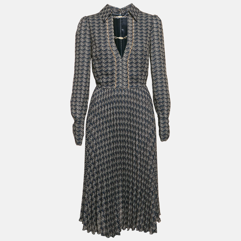 luxury-women-elisabetta-franchi-used-clothes-p1156191-001 Elisabetta Franchi Navy Blue Printed Crepe Plisse Midi Dress M