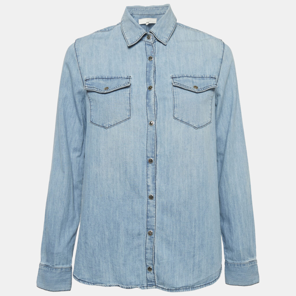 Elisabetta Franchi Jeans Blue Denim & White Chiffon Button Front Shirt S