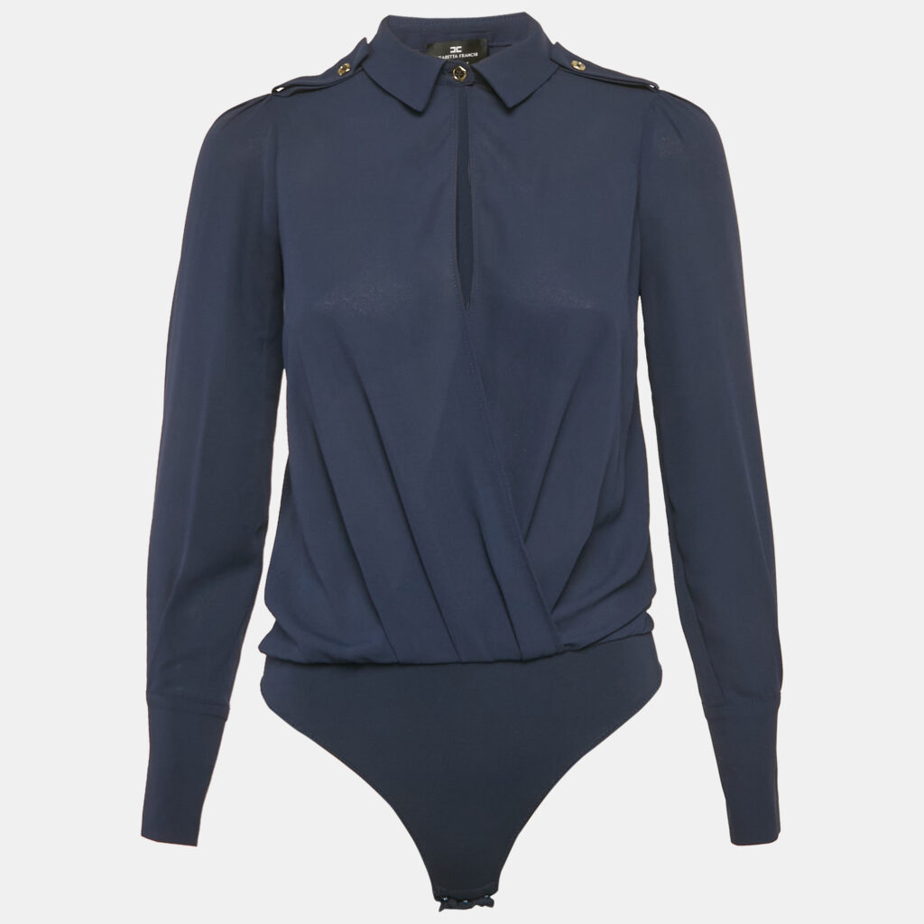 luxury-women-elisabetta-franchi-used-clothes-p1164843-001 Elisabetta Franchi Navy Blue Chiffon Plunging Neck Bodysuit S