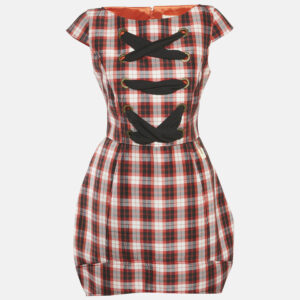 Elisabetta Franchi Jeans Red Checks Neoprene Lace-Up Mini Dress M