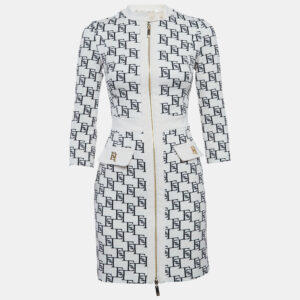 Elisabetta Franchi Cream Logo Print Stretch Crepe Bodycon Dress S