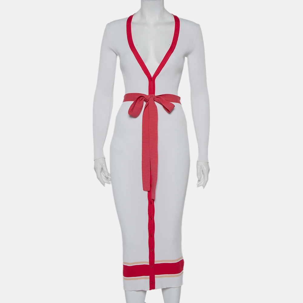 luxury-women-elisabetta-franchi-used-clothes-p431444-011 Elisabetta Franchi White Rib Knit Contrast Detail Belted Button Front Dress M