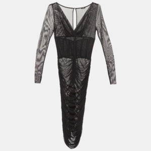 Elisabetta Franchi Black Ruched Mesh Midi Dress M