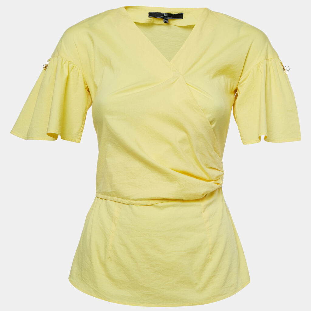 luxury-women-elisabetta-franchi-used-clothes-p932956-001 Elisabetta Franchi Yellow Stretch Cotton Flutter Sleeve Wrap Top M