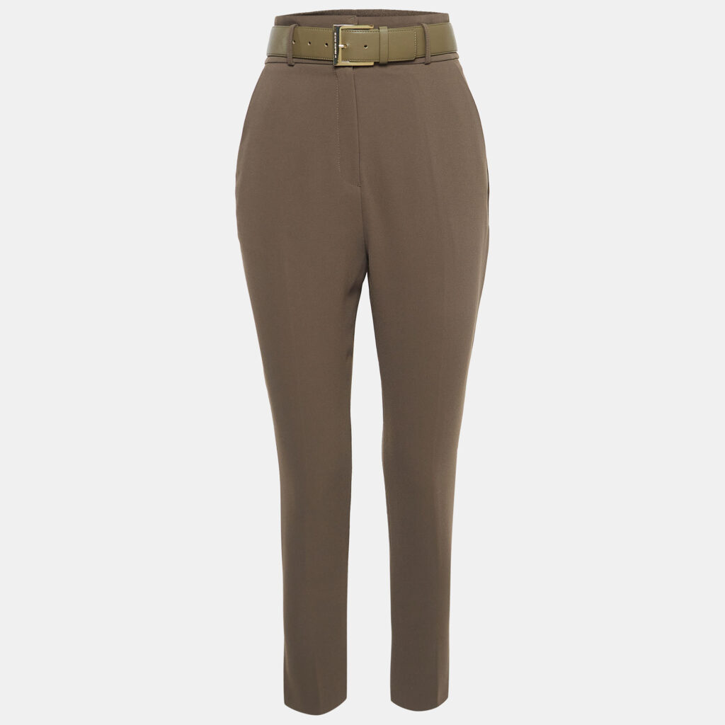 luxury-women-elisabetta-franchi-used-clothes-p933123-001 Elisabetta Franchi Olive Green Crepe Belted Slim Fit Trousers S
