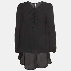 Elisabetta Franchi Black Crepe Lace-Up Neck Camicia Blouse L