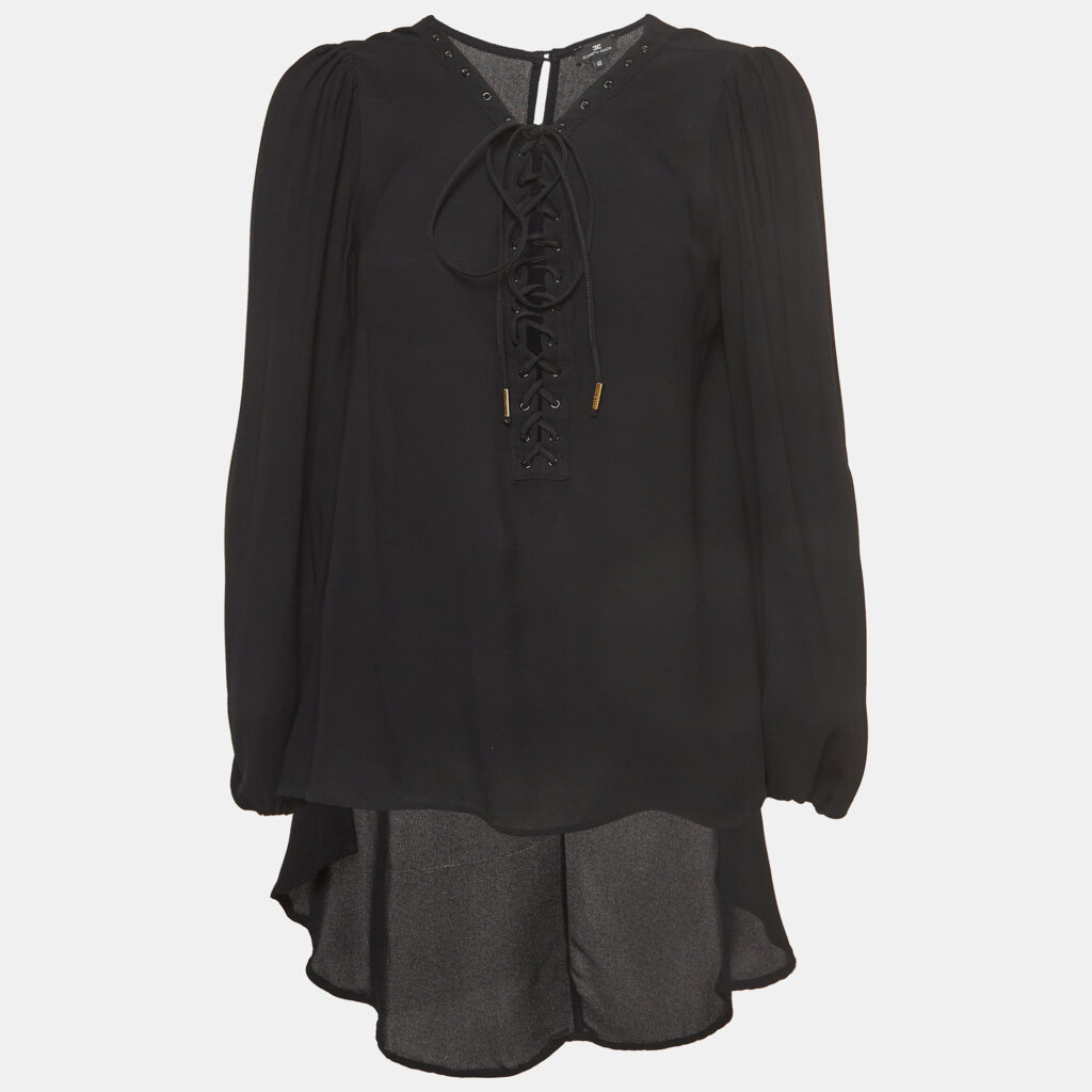 luxury-women-elisabetta-franchi-used-clothes-p935739-002 Elisabetta Franchi Black Crepe Lace-Up Neck Camicia Blouse L