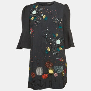 Elisabetta Franchi Black Sequin and Beads Embellished Crepe Bell Sleeve Mini Dress M