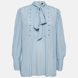 Elisabetta Franchi Blue Printed Crepe Tie Neck Blouse M