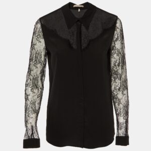 Emilio Pucci Black Silk Lace Trim Button Front Shirt M