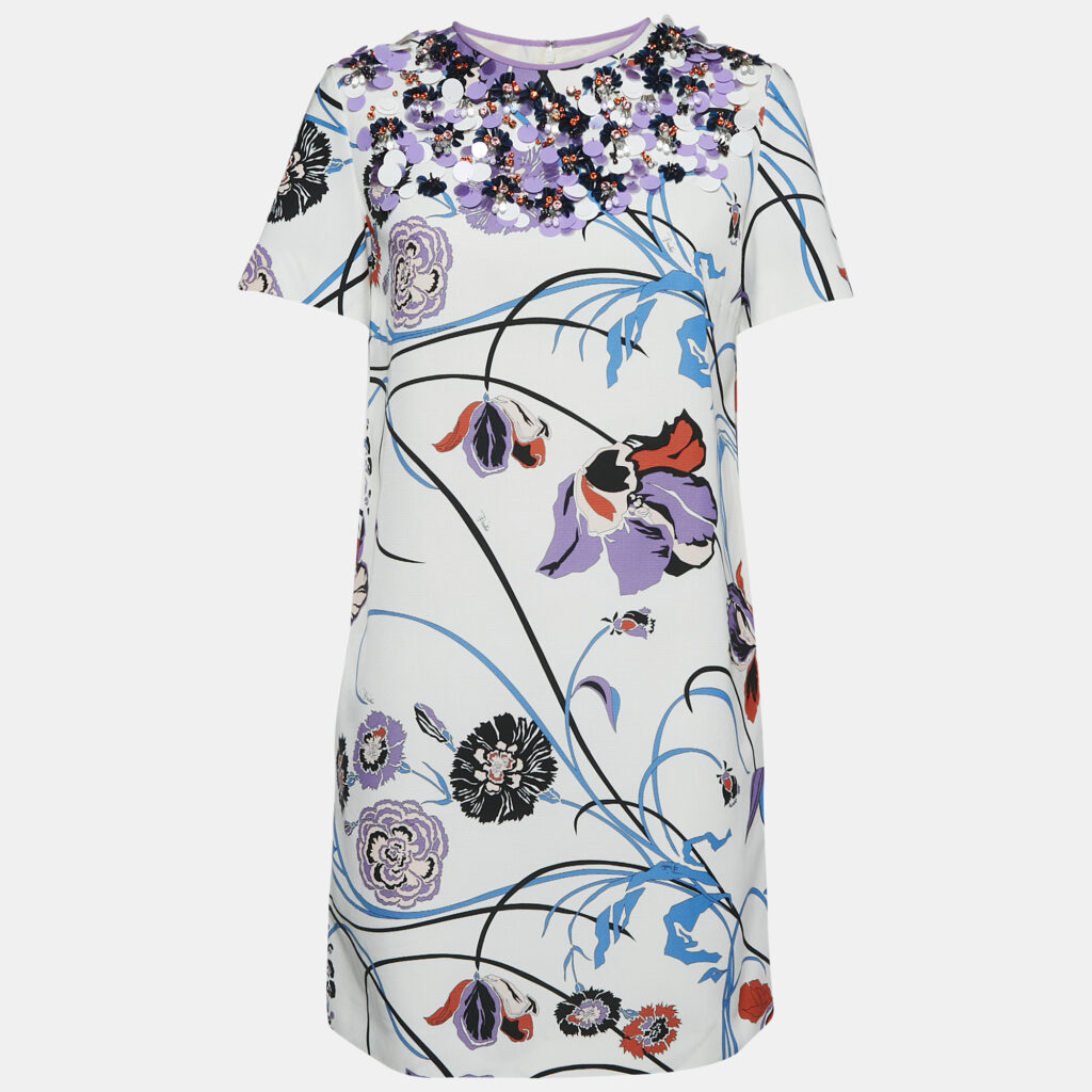 luxury-women-emilio-pucci-used-clothes-p1141636-008 Emilio Pucci White Floral Cotton Blend Embellished Mini Dress M