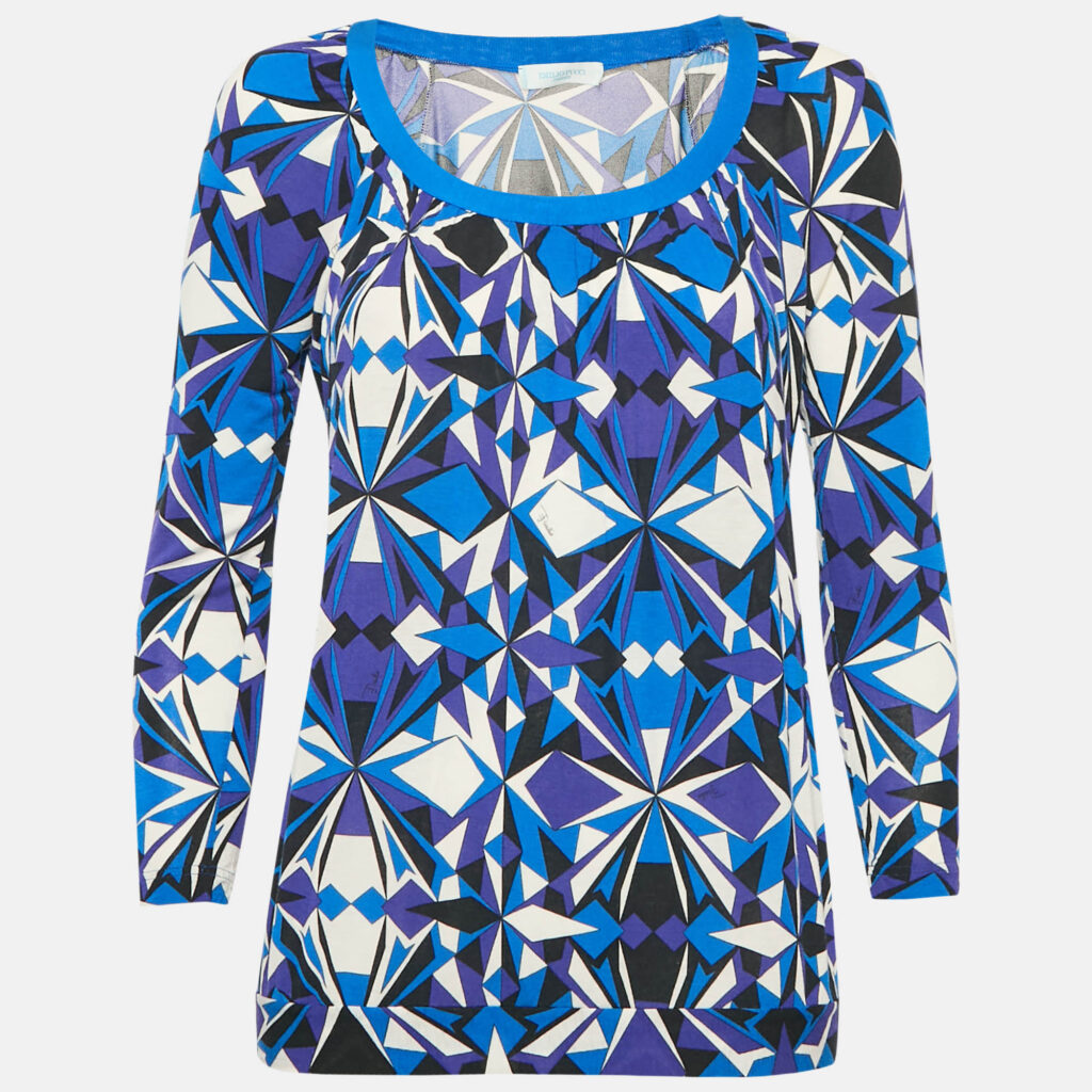 luxury-women-emilio-pucci-used-clothes-p1154449-001 Emilio Pucci Blue Printed Jersey Round Neck Long Sleeve Top S