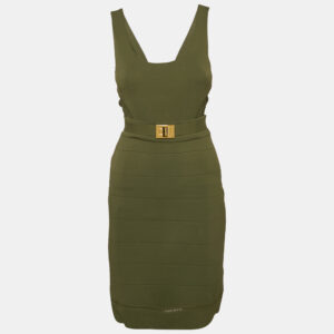 Emilio Pucci Olive Green Jersey Crochet Detail Sleeveless Short Dress M