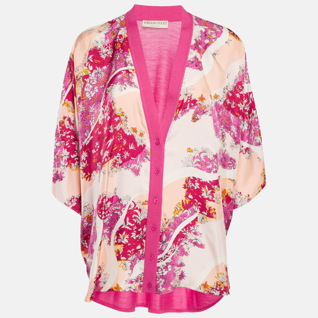 luxury-women-emilio-pucci-used-clothes-p1164507-005 Emilio Pucci Pink Printed Silk Wool Short Sleeve Cardigan L