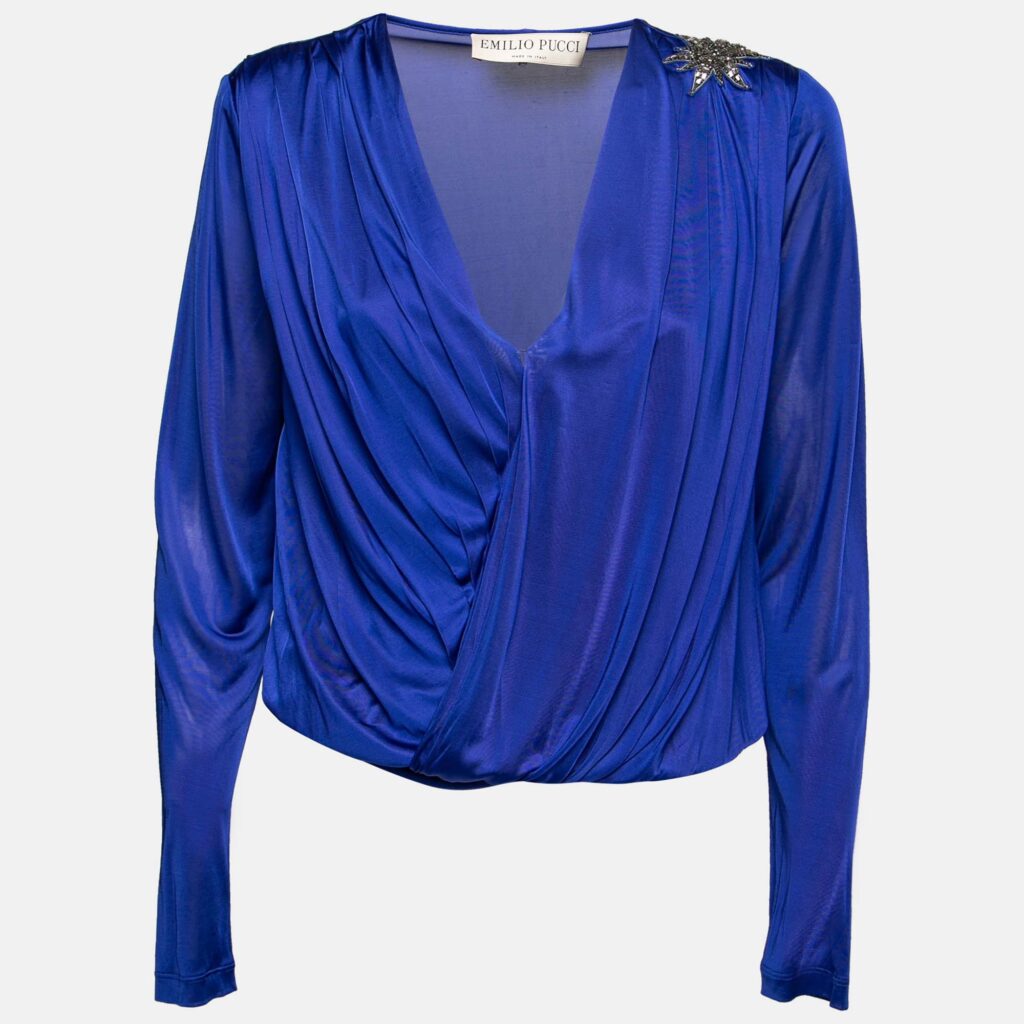 luxury-women-emilio-pucci-used-clothes-p687585-001-1 Emilio Pucci Blue Jersey Wrap Effect Pleated Blouse M