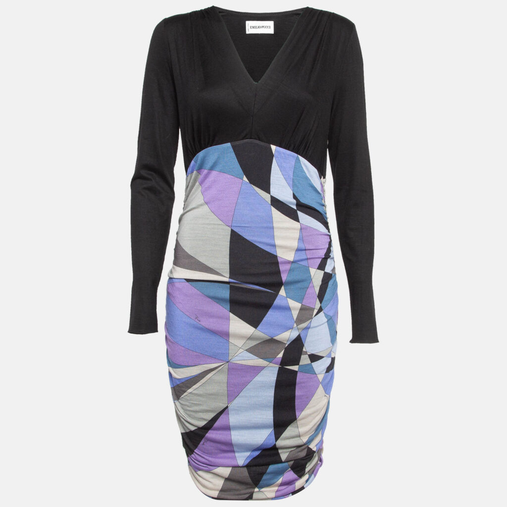 luxury-women-emilio-pucci-used-clothes-p977195-006 Emilio Pucci Multicolor Print Wool Blend Knit Ruched Dress M