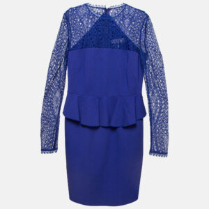 Emilio Pucci Blue Lace Trim Stretch Crepe Peplum Pencil Dress L