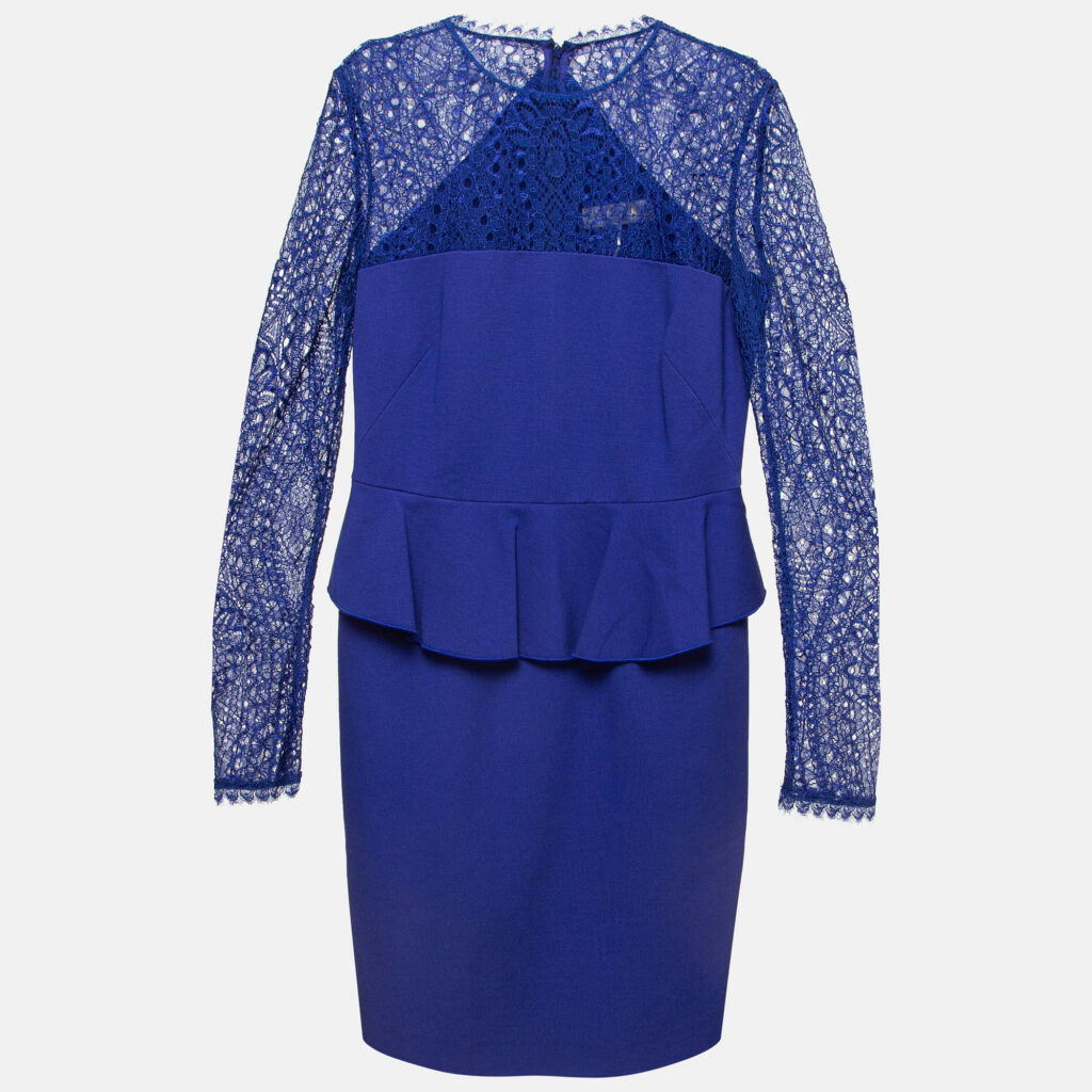 luxury-women-emilio-pucci-used-clothes-p995720-001 Emilio Pucci Blue Lace Trim Stretch Crepe Peplum Pencil Dress L