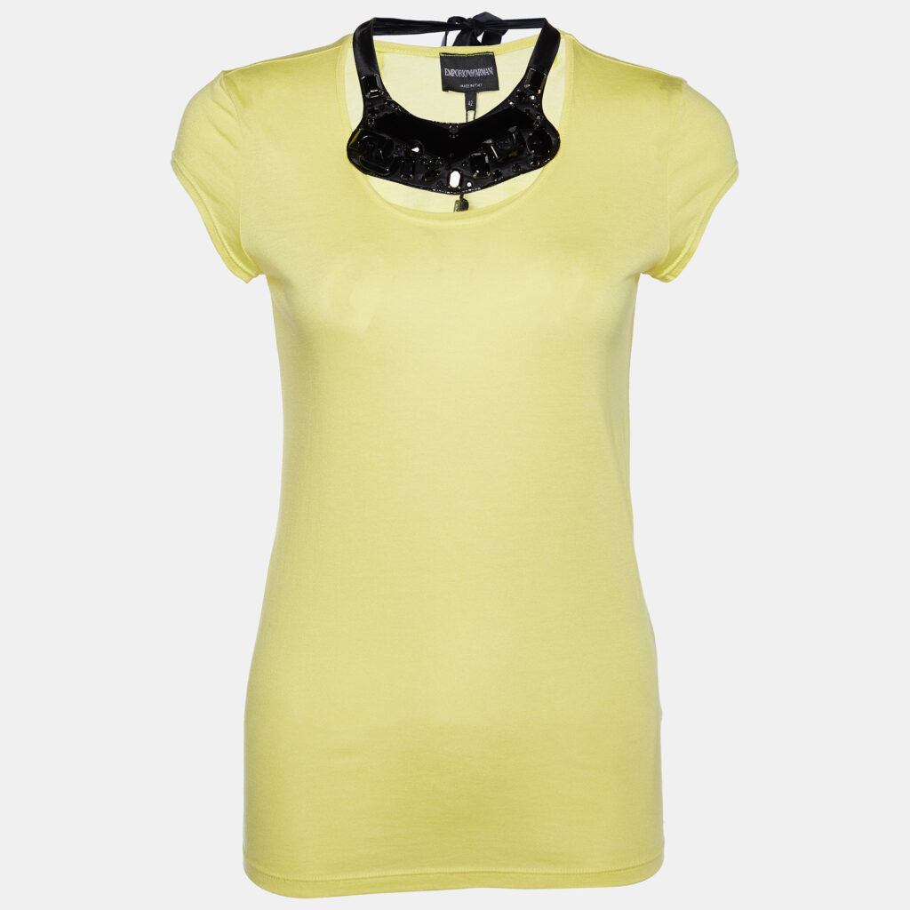 luxury-women-emporio-armani-new-clothes-p855850-001 Emporio Armani Yellow Cotton & Modal Embellished Neck Detail T-Shirt M