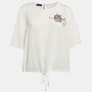 Emporio Armani Off White Embellished Silk Short Sleeve Blouse L