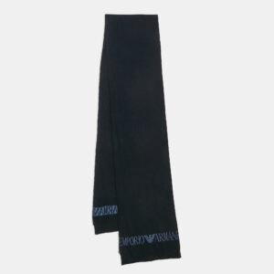 Emporio Armani Navy Blue Rib Knit Logo Intarsia Scarf