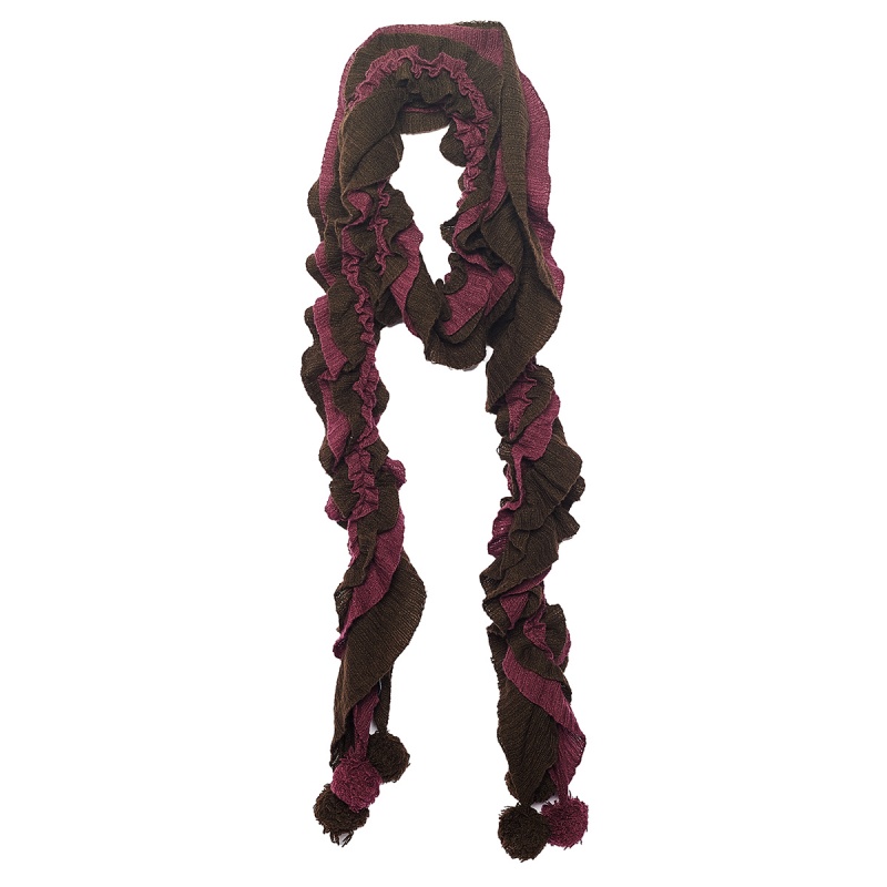 luxury-women-emporio-armani-used-accessories-p504872-1633595455-005-1 Emporio Armani Brown & Magenta Ruffled Pom Pom Detail Wool Stole