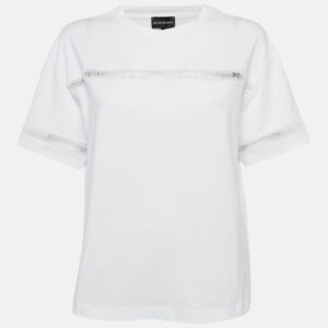 Emporio Armani White Cotton Logo Lace Trimmed T-Shirt M