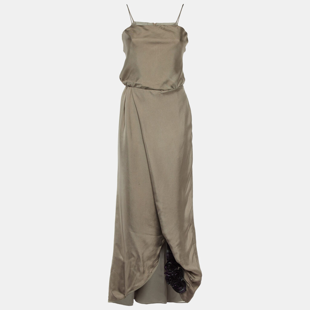 luxury-women-emporio-armani-used-clothes-p1142191-001 Emporio Armani Grey Silk Floral Applique Detail Maxi Dress S