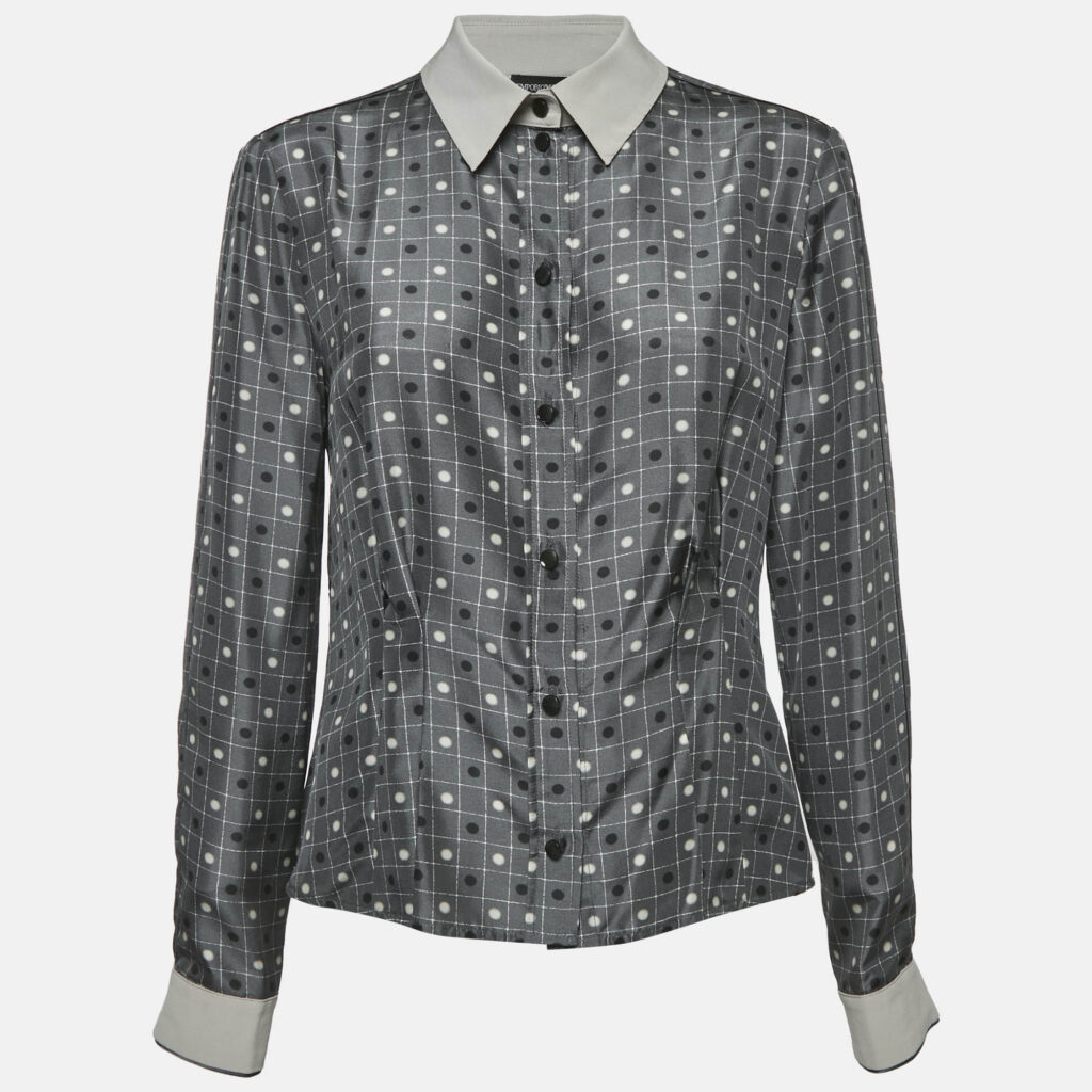 Emporio Armani Grey Dots and Checks Print Silk Pleated Shirt L