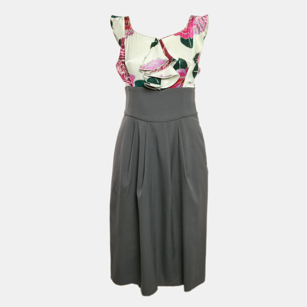 luxury-women-emporio-armani-used-clothes-p1154389-002 Emporio Armani Pink/Grey Floral Print Satin and Wool Ruffled Short Dress M