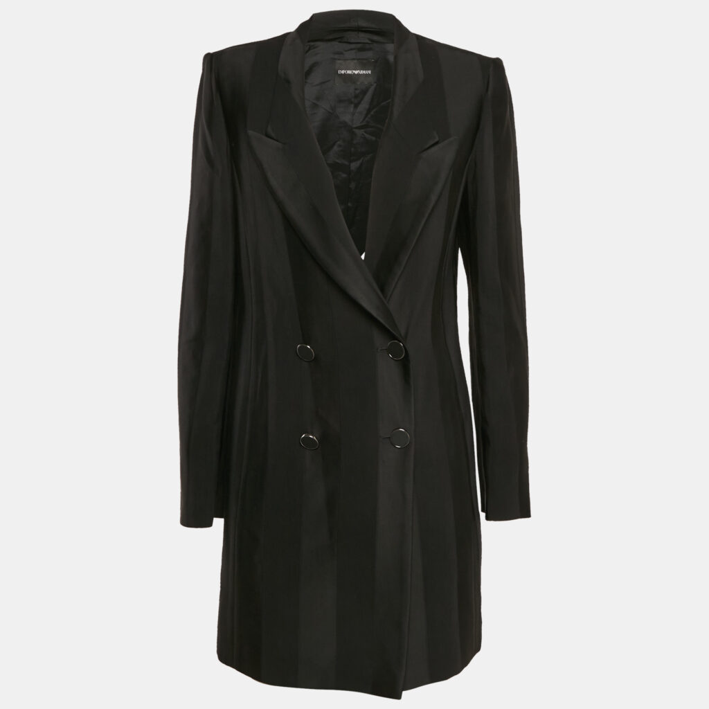luxury-women-emporio-armani-used-clothes-p1164917-007.jpg Emporio Armani Black Stripe Wool Blend Double Breasted Mid-Length Coat XL