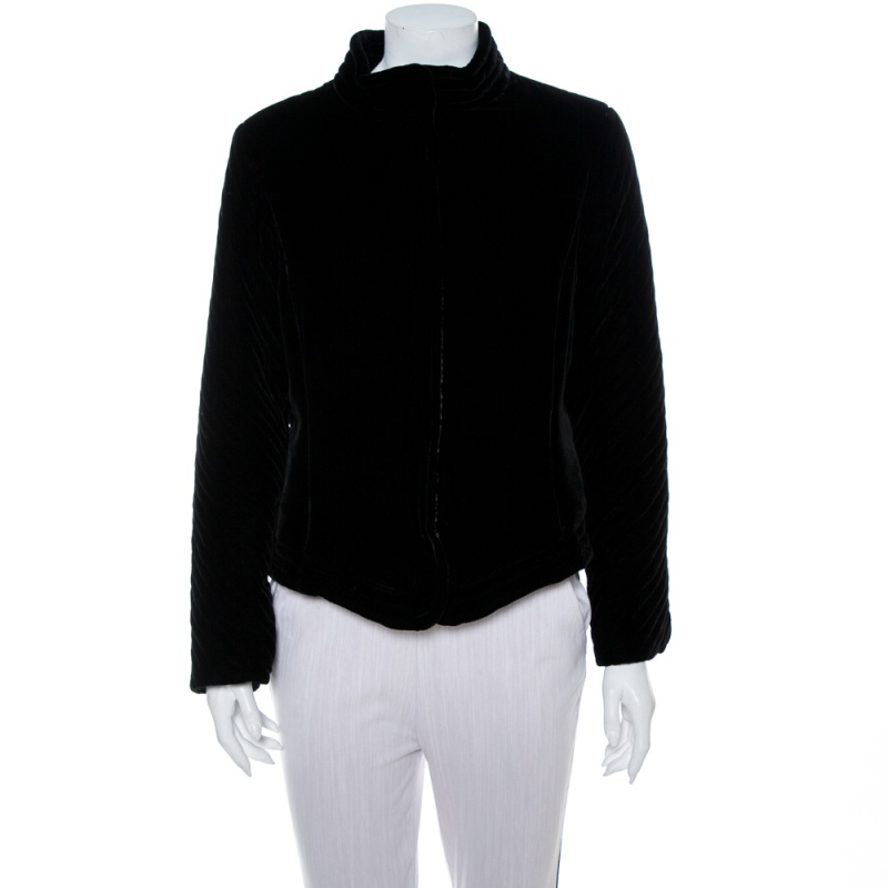 luxury-women-emporio-armani-used-clothes-p369005-1608131134-006 Emporio Armani Black Velvet Quilt Detail Stand Collar Jacket L