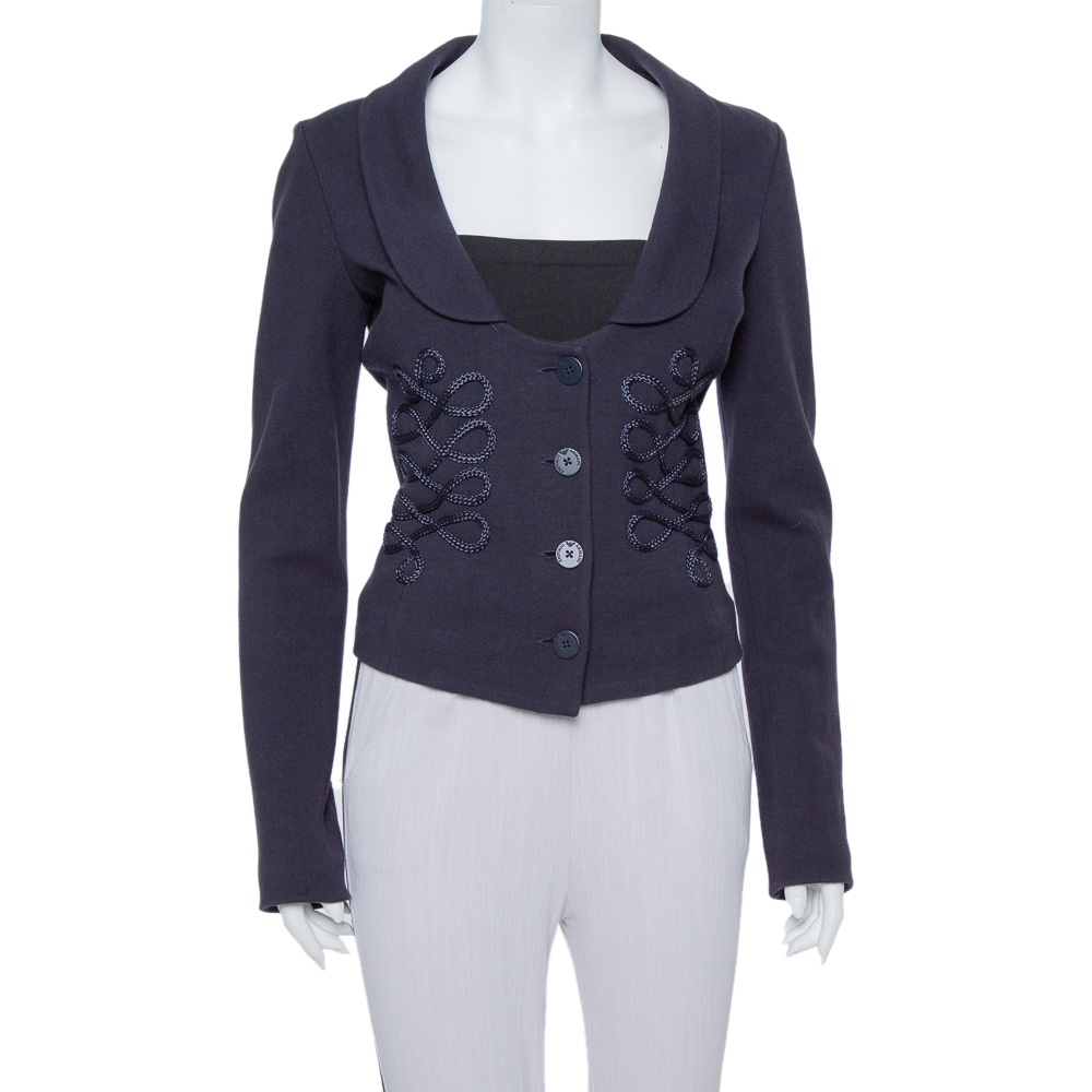 luxury-women-emporio-armani-used-clothes-p374113-004 Emporio Armani Navy Blue Cotton Knit Trim Detail Collared Jacket M